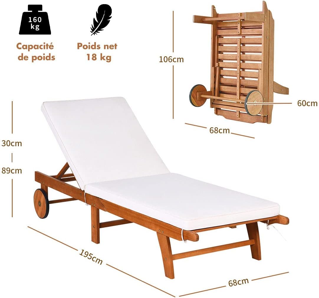 Bain De Soleil Pliante En Bois D'Ecualyptus, Transat Jardin Extérieur Avec Dossier Réglable 6 Positions, 2 Roues, 195 X 68 X 30-90 CM, Coussin Amovible, Idéal Pour Balcon, Terrasse, Piscine