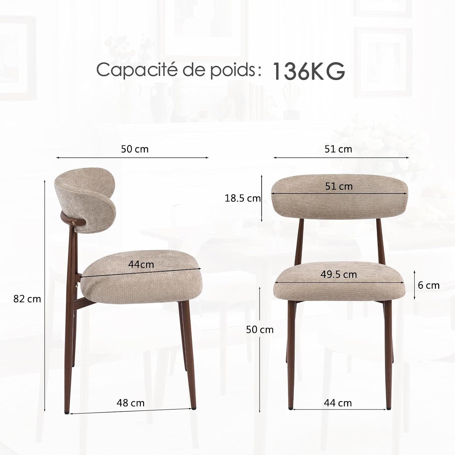 Lot De 2 Chaises De Salle À Manger, Chaises De Cuisine En Tissu Chenille, Fauteuil Salon Rembourrée Avec Cadre En Métal En Noyer Pour Salle À Manger Salon Cuisine Terrasse, Camel