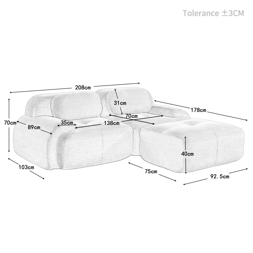 82'' Corner Sofa in Soft Cord Fabric, Modular Combined with Curved Armrests, without Mounting, Highly Elastic Foam Upholstery