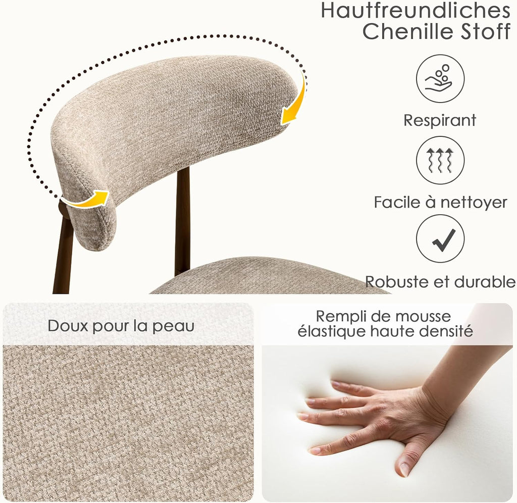 Lot De 2 Chaises De Salle À Manger, Chaises De Cuisine En Tissu Chenille, Fauteuil Salon Rembourrée Avec Cadre En Métal En Noyer Pour Salle À Manger Salon Cuisine Terrasse, Camel
