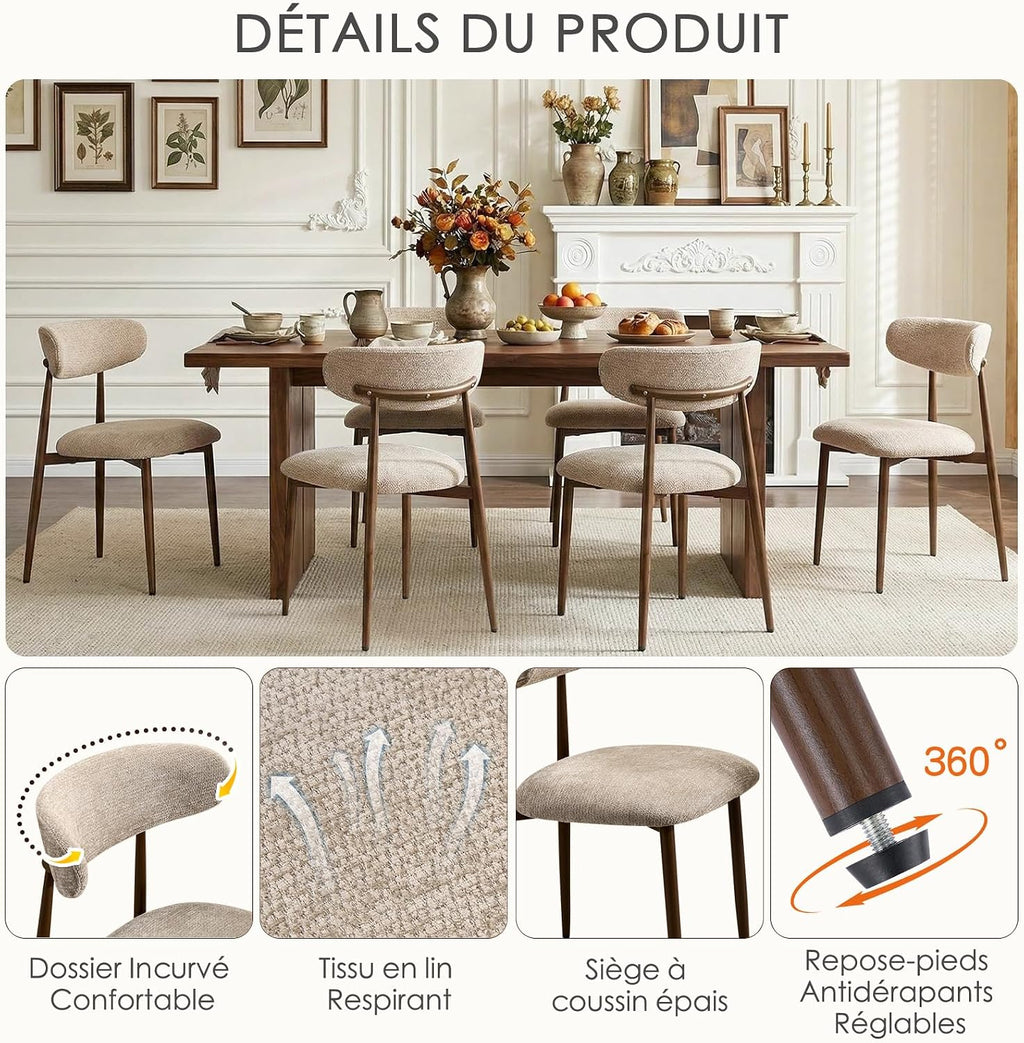 Lot De 2 Chaises De Salle À Manger, Chaises De Cuisine En Tissu Chenille, Fauteuil Salon Rembourrée Avec Cadre En Métal En Noyer Pour Salle À Manger Salon Cuisine Terrasse, Camel
