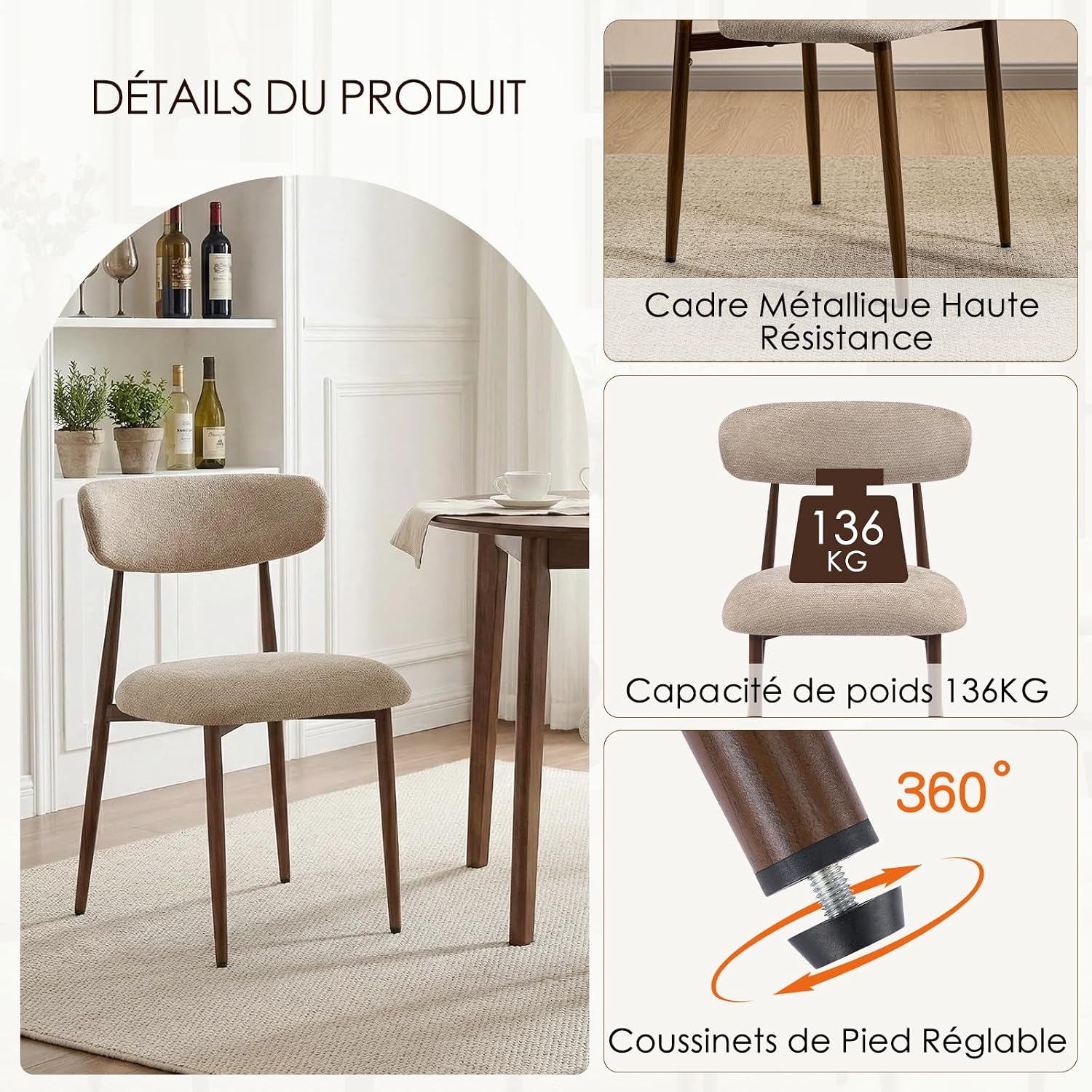 Lot De 2 Chaises De Salle À Manger, Chaises De Cuisine En Tissu Chenille, Fauteuil Salon Rembourrée Avec Cadre En Métal En Noyer Pour Salle À Manger Salon Cuisine Terrasse, Camel