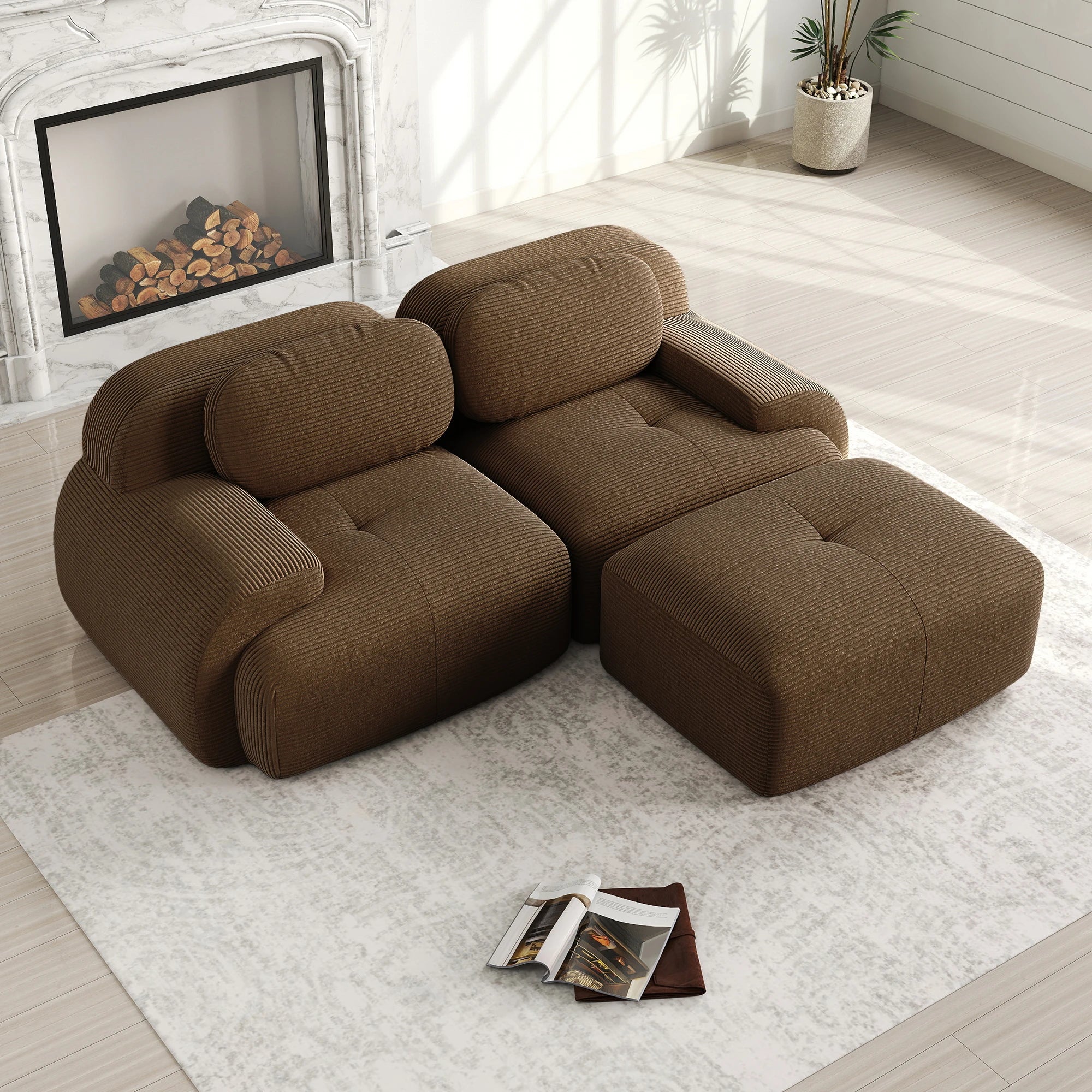 82'' Corner Sofa in Soft Cord Fabric, Modular Combined with Curved Armrests, without Mounting, Highly Elastic Foam Upholstery