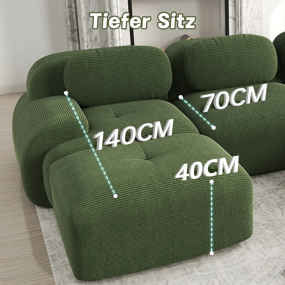 82'' Corner Sofa in Soft Cord Fabric, Modular Combined with Curved Armrests, without Mounting, Highly Elastic Foam Upholstery
