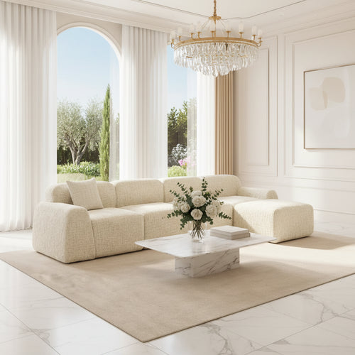 Canapé modulable Vesiona en chenille beige, vue de face