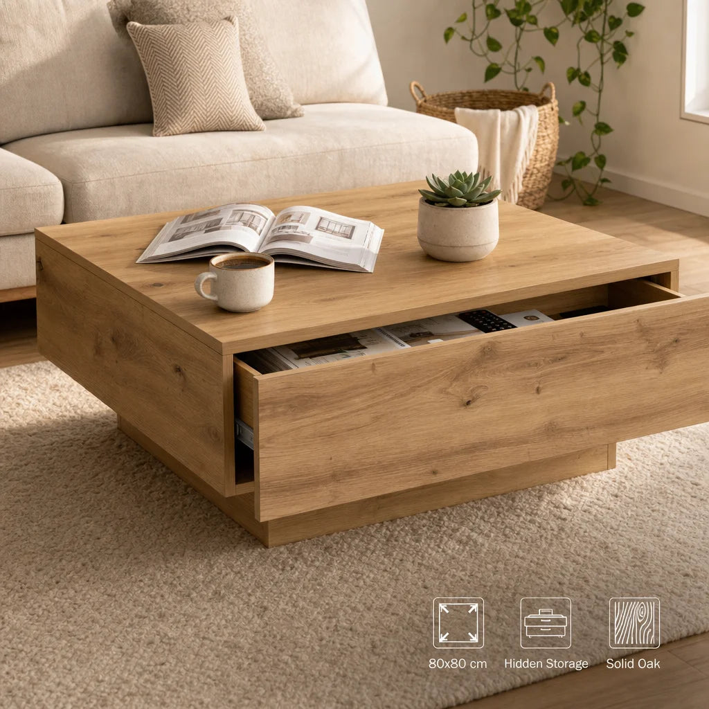 Coffee Table 80X80X31 Cm Artisan Oak Engineered Wood - Modern Living Room Table, Square Wooden Design with Drawer for Magazines and Remotes, Rustic Style, Compact Size, Easy Assembly