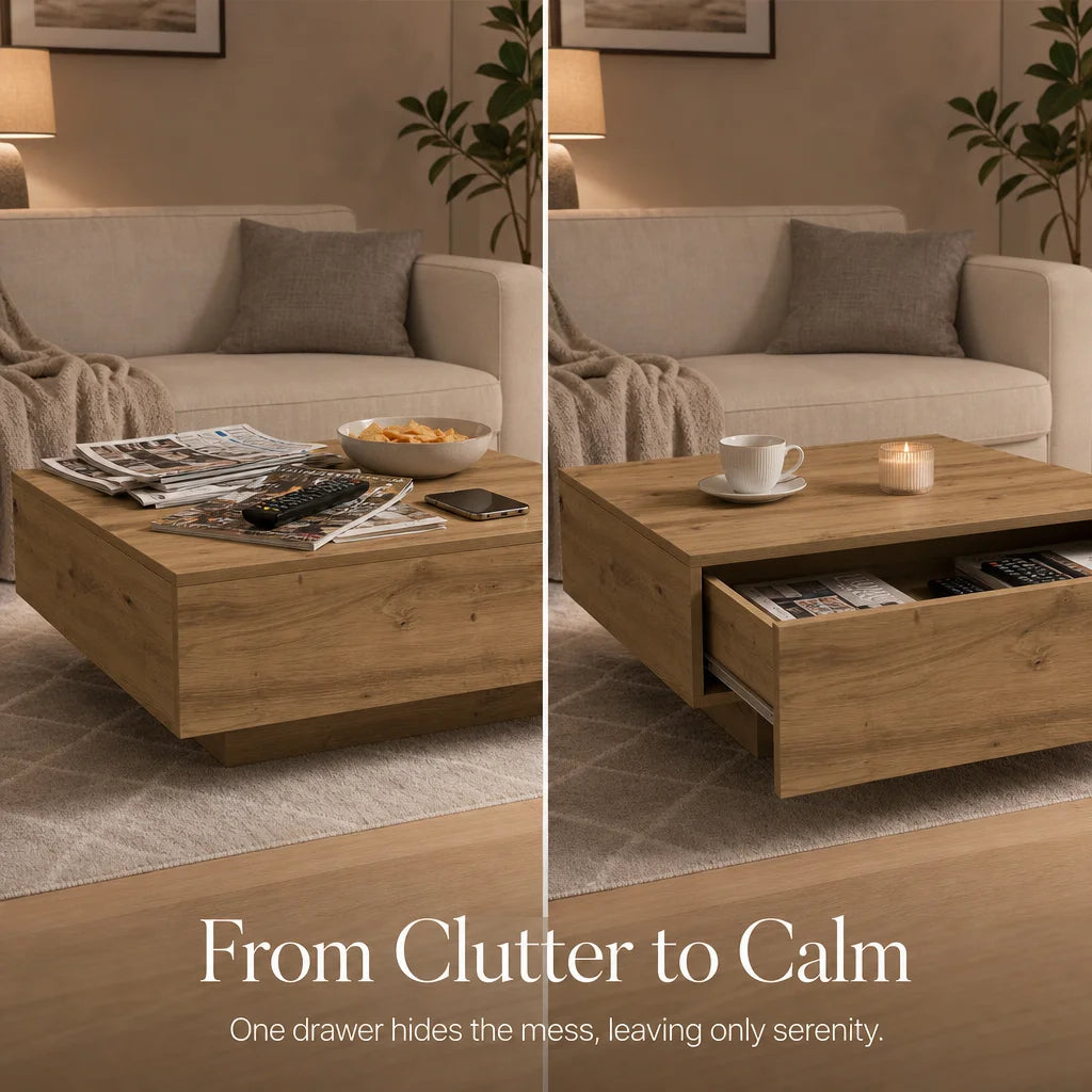 Coffee Table 80X80X31 Cm Artisan Oak Engineered Wood - Modern Living Room Table, Square Wooden Design with Drawer for Magazines and Remotes, Rustic Style, Compact Size, Easy Assembly