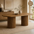 Modern Oval Dining Table with Fluted Column Base, Premium Wood Grain MDF Tabletop, Minimalist Household Furniture Designed in Wabi-Sabi and Mid-Century Style, Ideal for Domestic Kitchen and Daily Family Dining Scenes