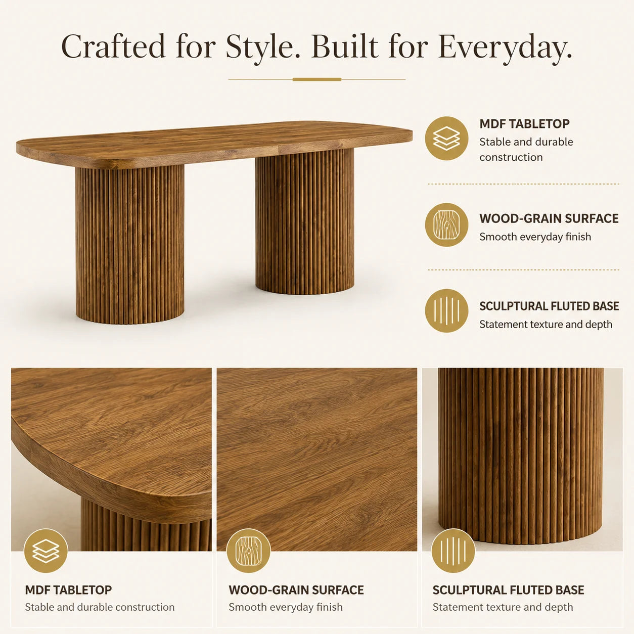 Modern Oval Dining Table with Fluted Column Base, Premium Wood Grain MDF Tabletop, Minimalist Household Furniture Designed in Wabi-Sabi and Mid-Century Style, Ideal for Domestic Kitchen and Daily Family Dining Scenes
