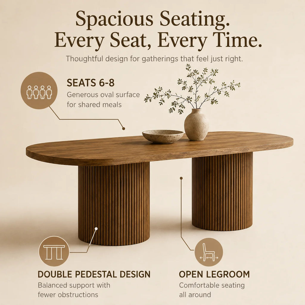 Modern Oval Dining Table with Fluted Column Base, Premium Wood Grain MDF Tabletop, Minimalist Household Furniture Designed in Wabi-Sabi and Mid-Century Style, Ideal for Domestic Kitchen and Daily Family Dining Scenes