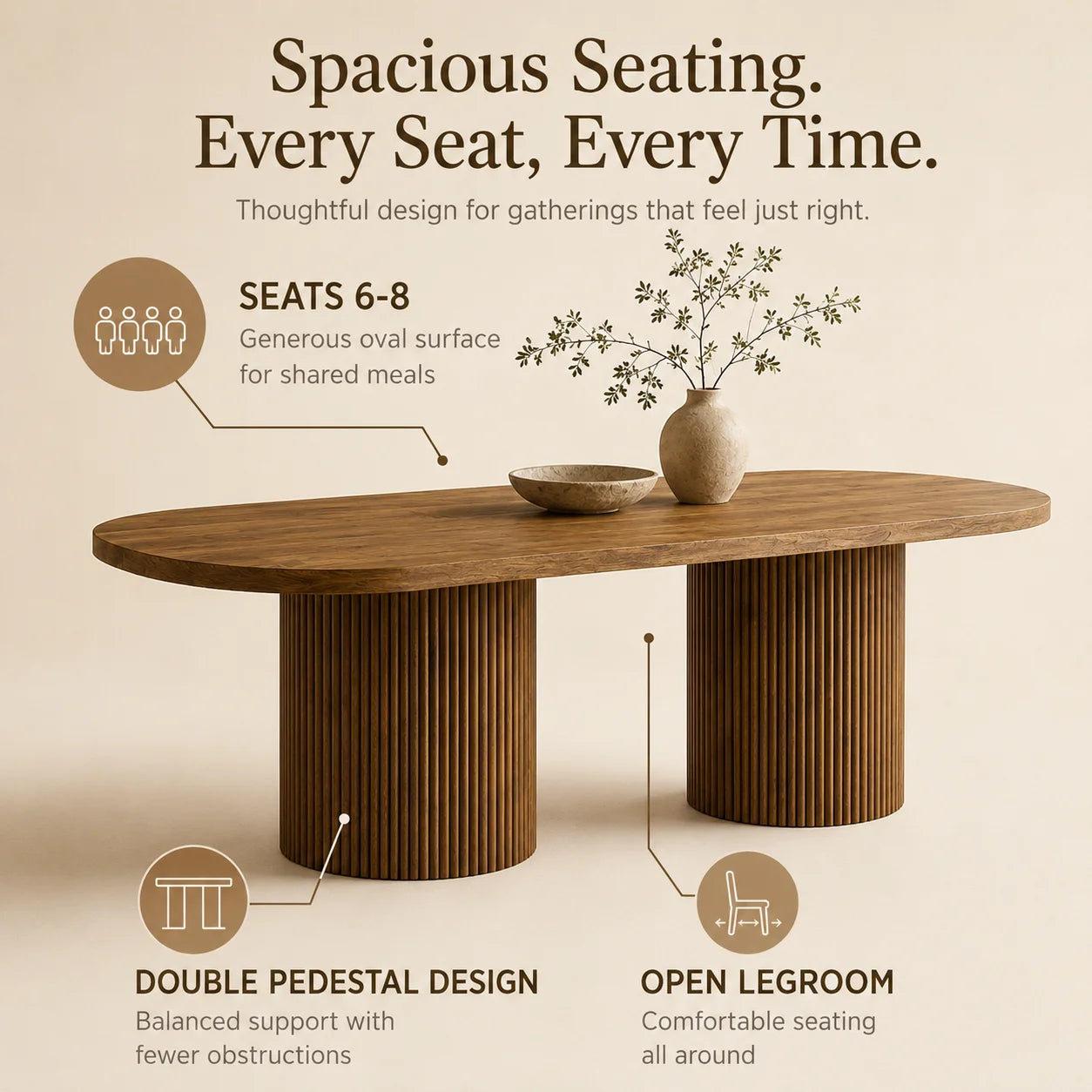 Modern Oval Dining Table with Fluted Column Base, Premium Wood Grain MDF Tabletop, Minimalist Household Furniture Designed in Wabi-Sabi and Mid-Century Style, Ideal for Domestic Kitchen and Daily Family Dining Scenes