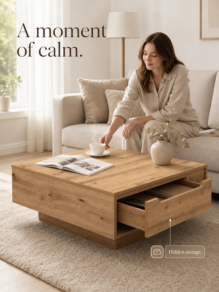 Coffee Table 80X80X31 Cm Artisan Oak Engineered Wood - Modern Living Room Table, Square Wooden Design with Drawer for Magazines and Remotes, Rustic Style, Compact Size, Easy Assembly