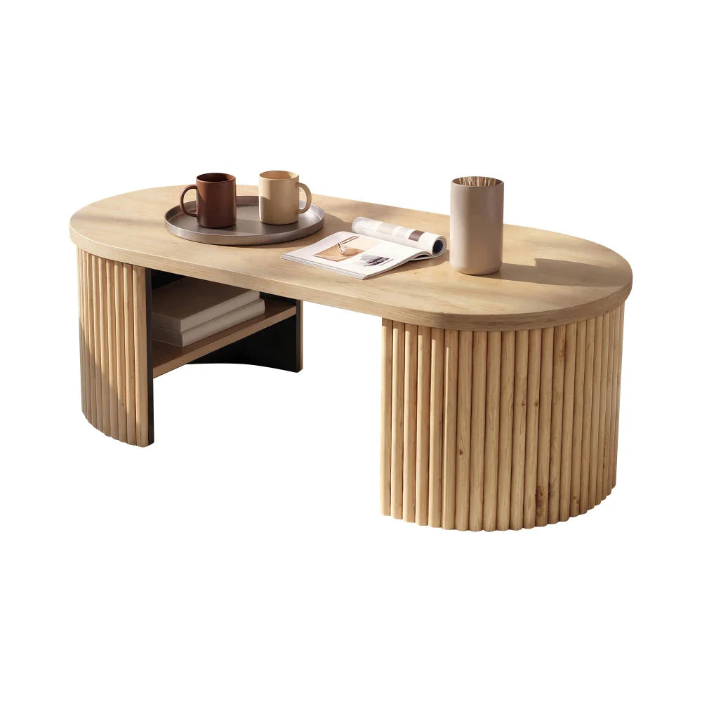 Ovalo - Table basse ovale avec rangement, finition bois cannelée