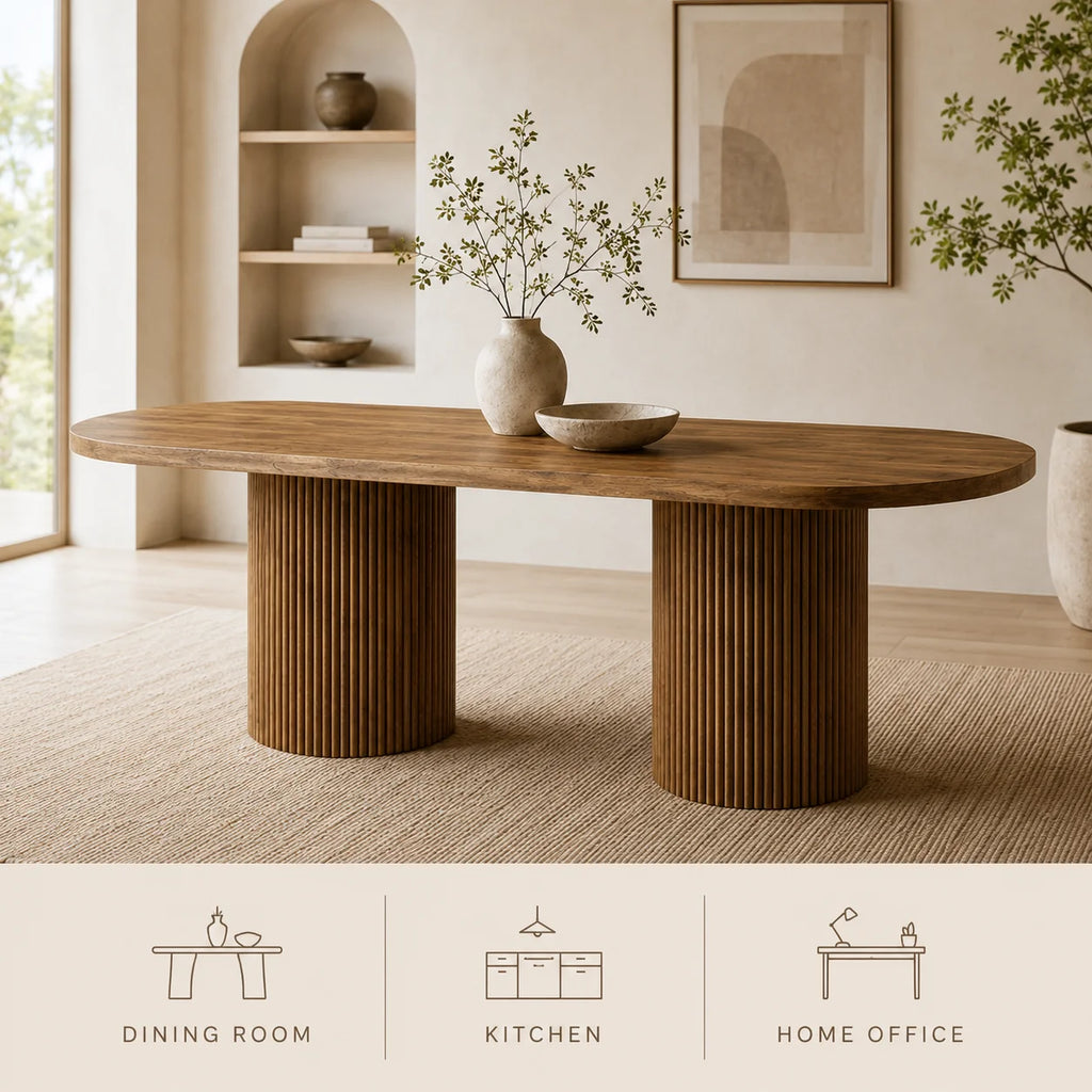 Modern Oval Dining Table with Fluted Column Base, Premium Wood Grain MDF Tabletop, Minimalist Household Furniture Designed in Wabi-Sabi and Mid-Century Style, Ideal for Domestic Kitchen and Daily Family Dining Scenes