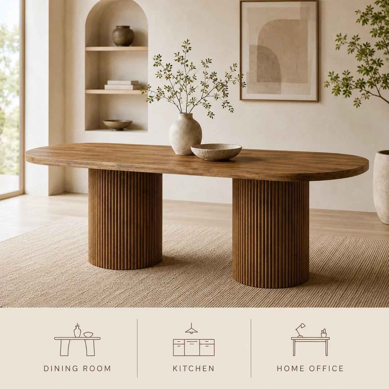 Modern Oval Dining Table with Fluted Column Base, Premium Wood Grain MDF Tabletop, Minimalist Household Furniture Designed in Wabi-Sabi and Mid-Century Style, Ideal for Domestic Kitchen and Daily Family Dining Scenes