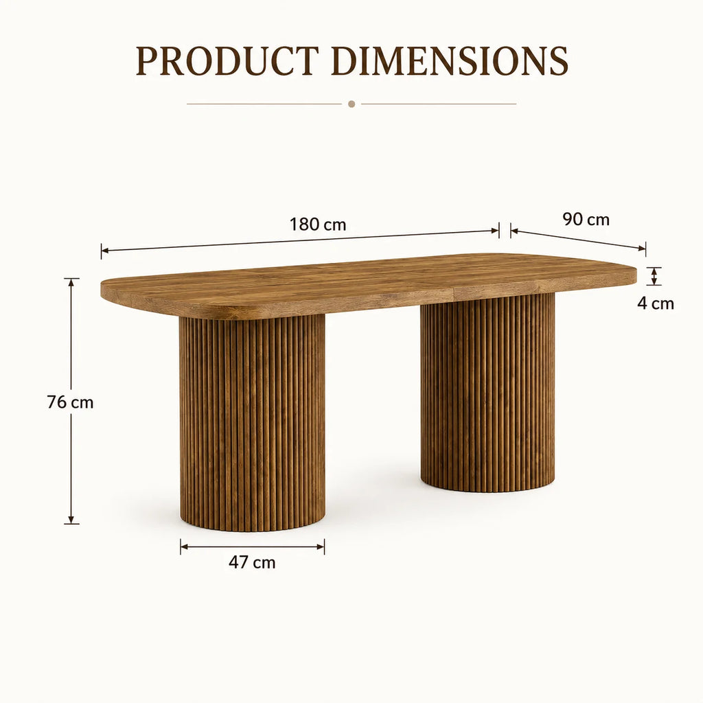 Modern Oval Dining Table with Fluted Column Base, Premium Wood Grain MDF Tabletop, Minimalist Household Furniture Designed in Wabi-Sabi and Mid-Century Style, Ideal for Domestic Kitchen and Daily Family Dining Scenes