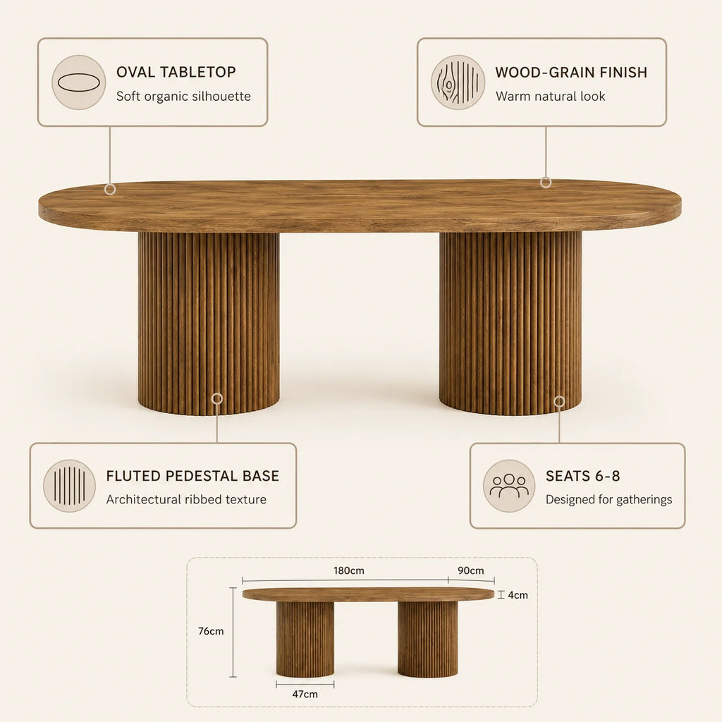 Modern Oval Dining Table with Fluted Column Base, Premium Wood Grain MDF Tabletop, Minimalist Household Furniture Designed in Wabi-Sabi and Mid-Century Style, Ideal for Domestic Kitchen and Daily Family Dining Scenes
