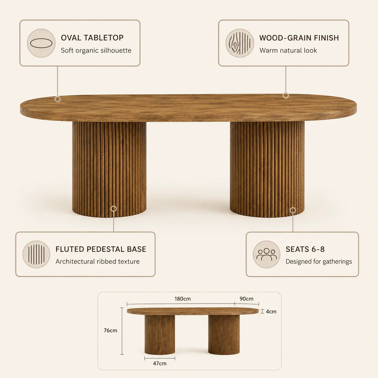 Modern Oval Dining Table with Fluted Column Base, Premium Wood Grain MDF Tabletop, Minimalist Household Furniture Designed in Wabi-Sabi and Mid-Century Style, Ideal for Domestic Kitchen and Daily Family Dining Scenes