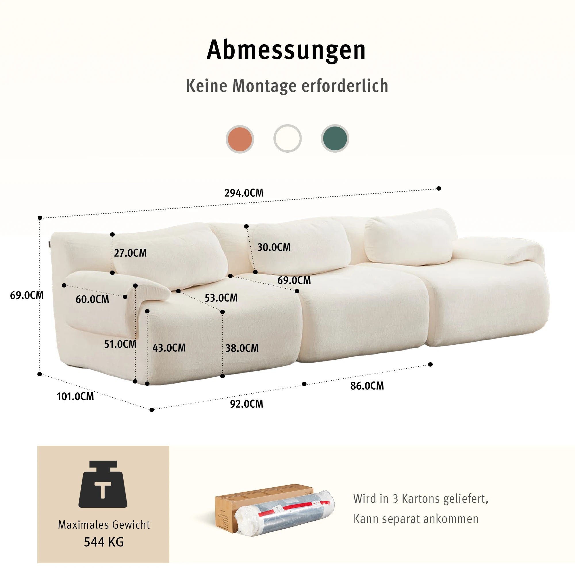 294 Cm Modular Cloud Sofa, Frameless Corner Sofas for the Living Room with Memory Foam, 3-Seater Sofa Made of Modern Chenille, Comfortable Sofa for the Apartment, Beige