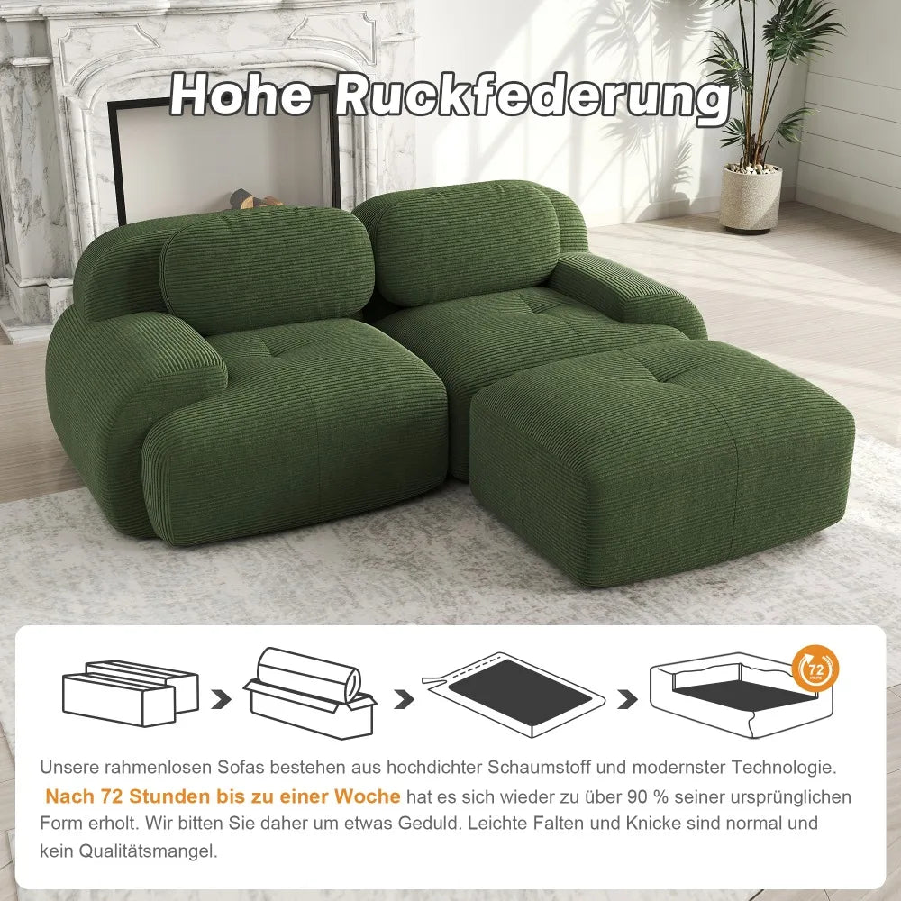 82'' Corner Sofa in Soft Cord Fabric, Modular Combined with Curved Armrests, without Mounting, Highly Elastic Foam Upholstery