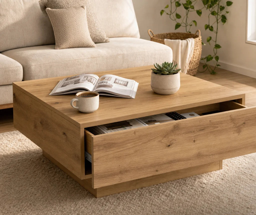 Artiso, table basse carrée effet chêne avec tiroir – présentation dans un intérieur