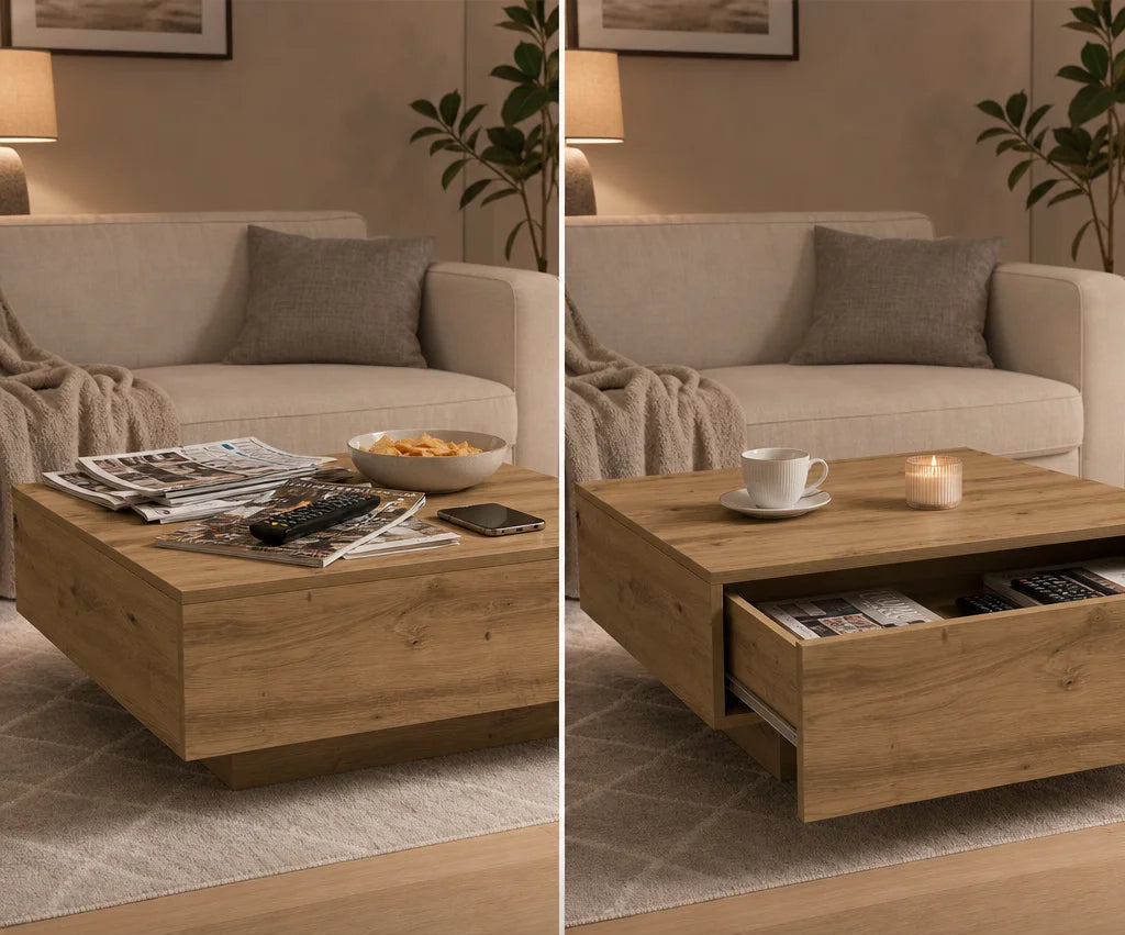 Artiso, table basse carrée effet chêne avec tiroir – détail du produit