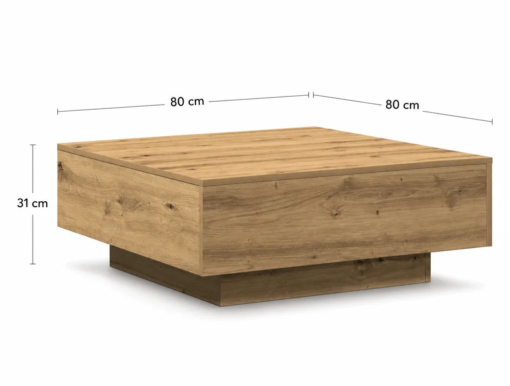 Artiso, table basse carrée effet chêne avec tiroir – vue des proportions du produit