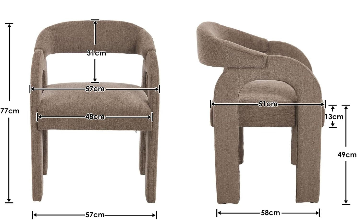 Belma, lot de deux chaises en chenille brune – dimensions 57 × 58 × 77 cm