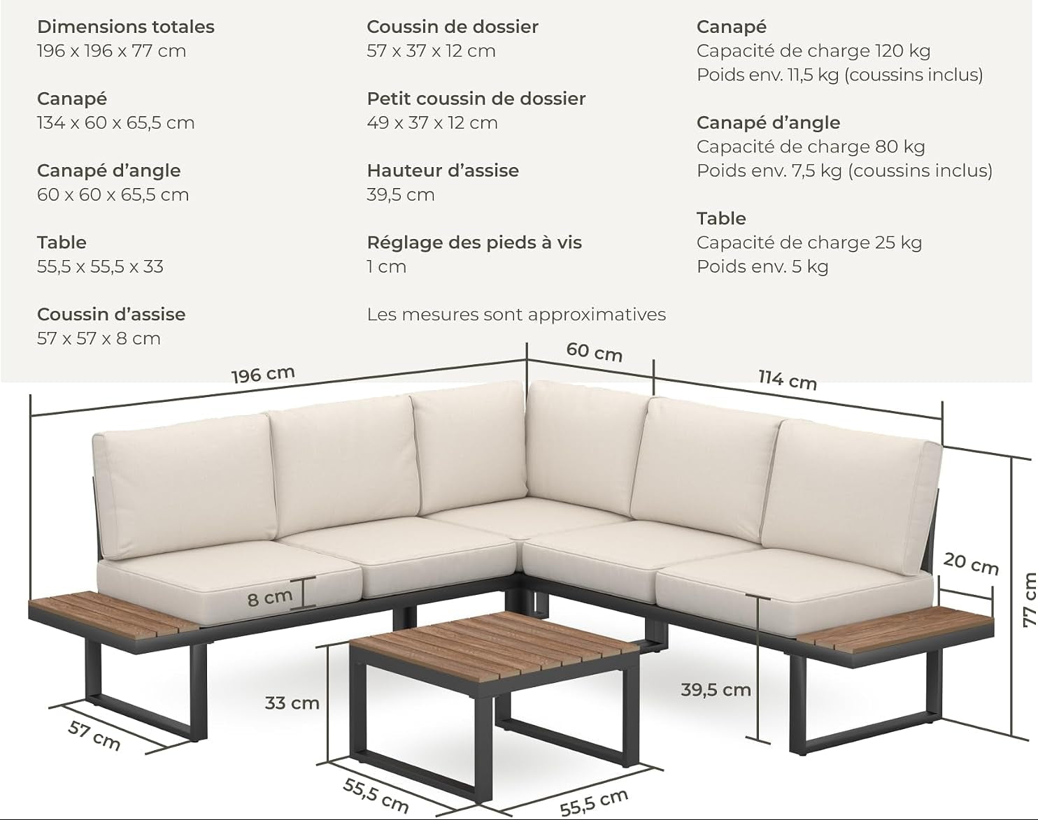 ® Ensemble Salon De Jardin Exterieur 5 Personnes En Aluminium Canapé 5 Places & Table De Jardin, Coussins Épais Inclus, Mobilier Pour Amenagement Balcon Terrasse Veranda