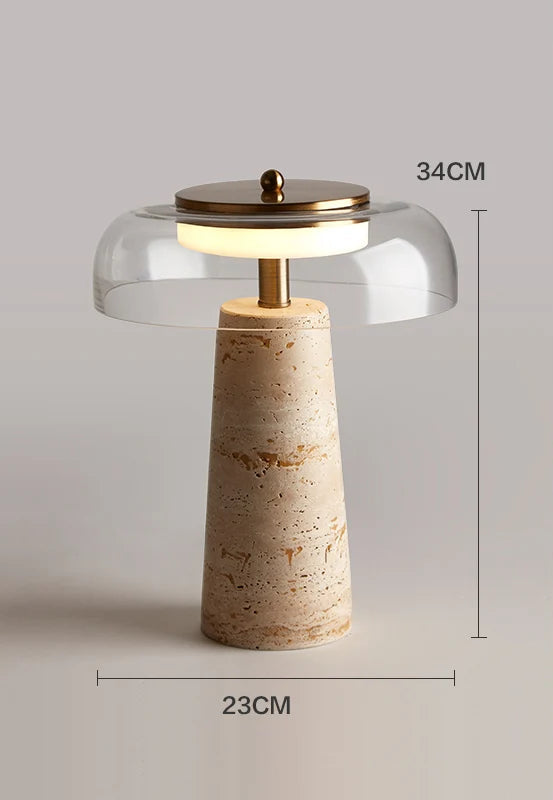 Champie, lampe champignon en travertin naturel et verre – vue sous un autre angle