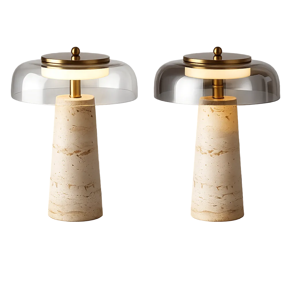 Champie, lampe champignon en travertin naturel et verre – vue d’ensemble