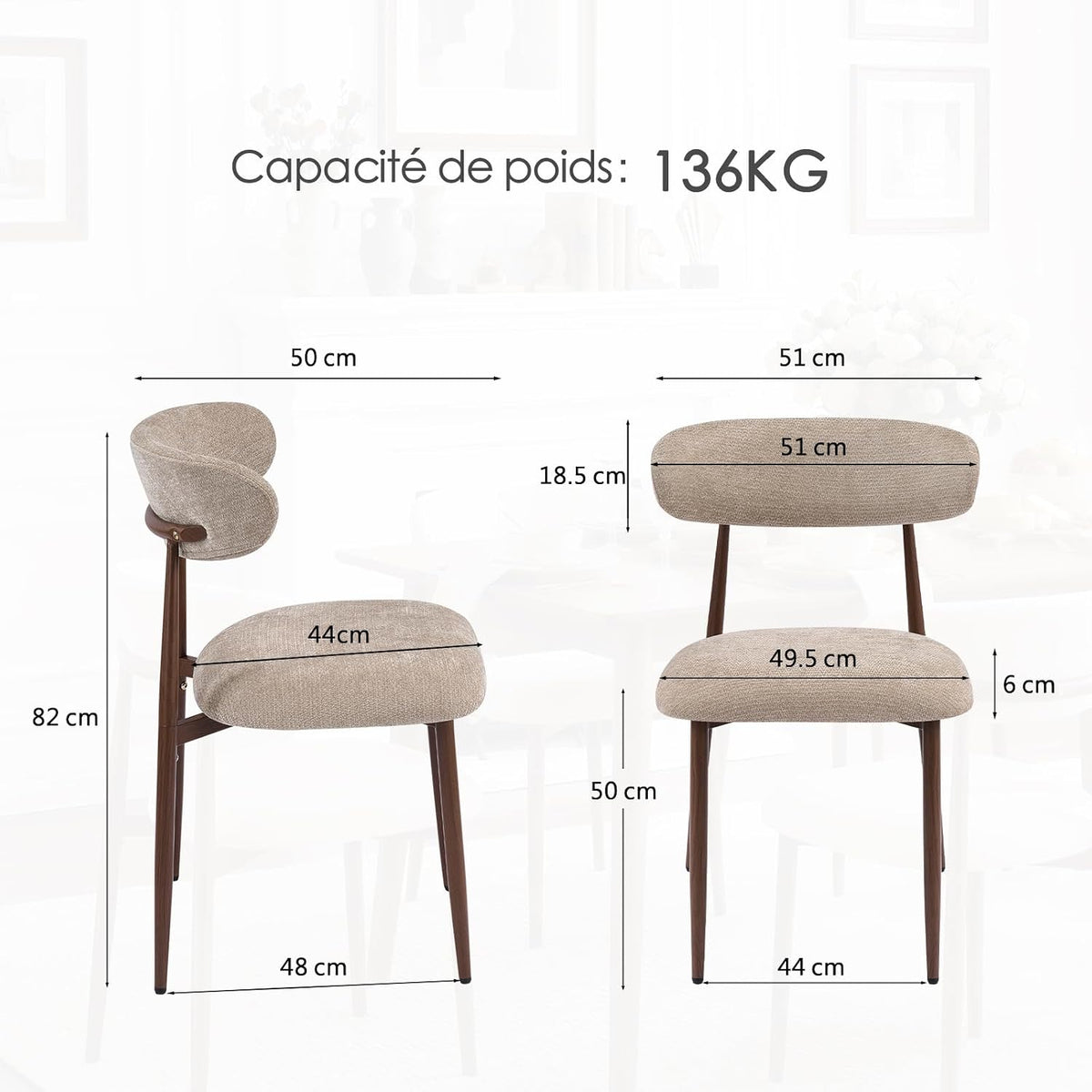 Chenilla, lot de deux chaises en chenille camel et métal noyer – détail de la matière et de la finition