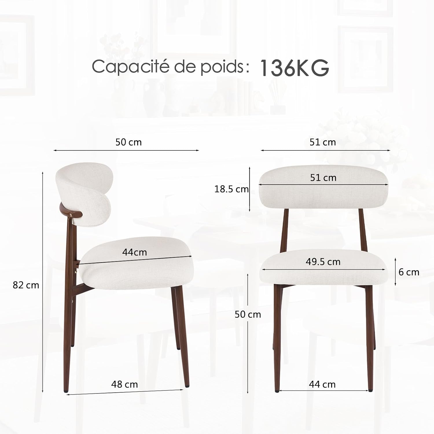 Chenilla, lot de deux chaises en chenille camel et métal noyer – vue des proportions du produit