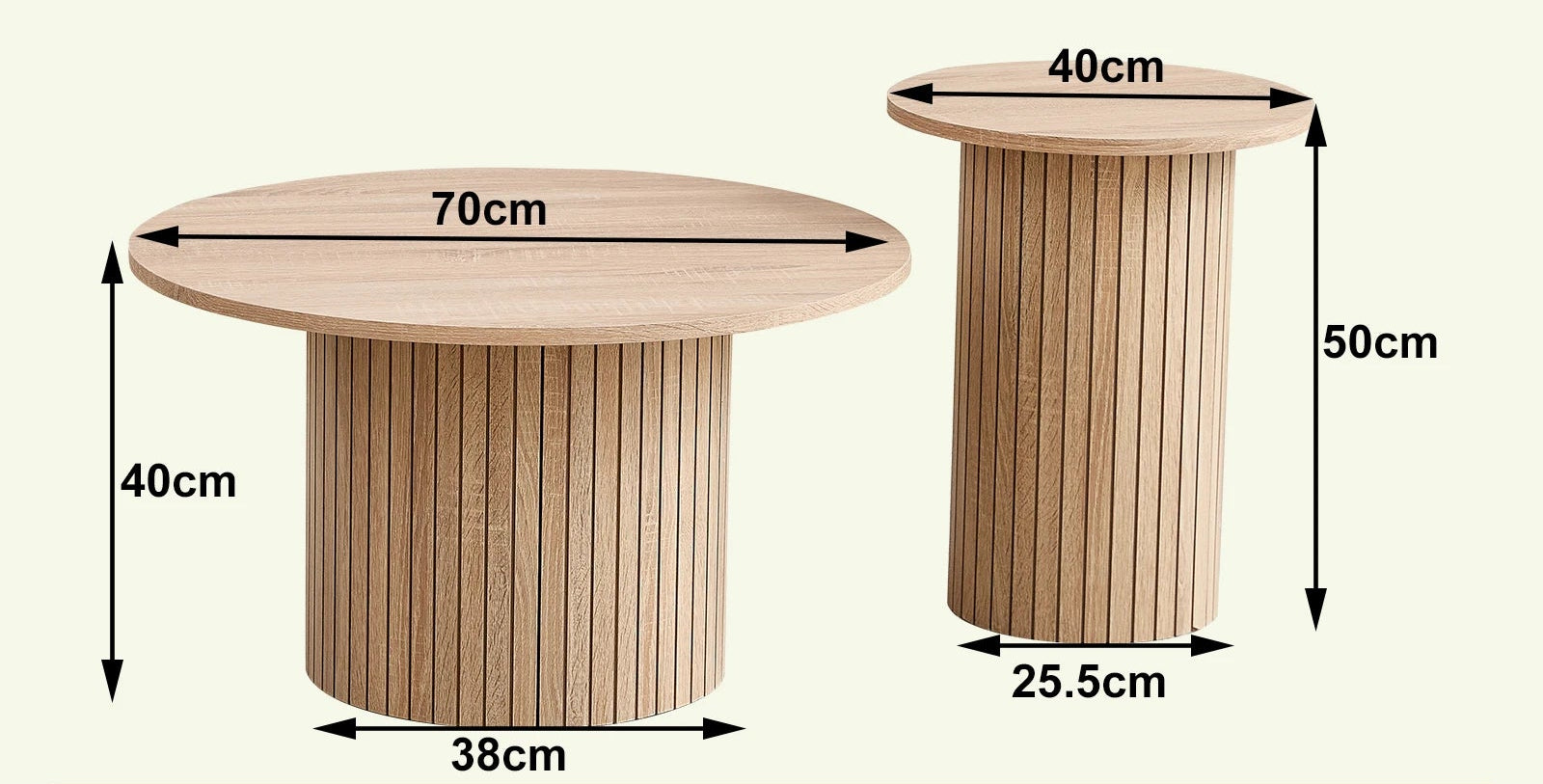 Double Lotus, lot de deux tables basses rondes effet bois – vue des proportions du produit