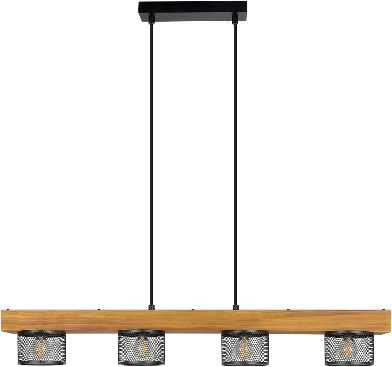 Luminya, suspension quatre lumières en bois brûlé et métal noir – présentation dans un intérieur