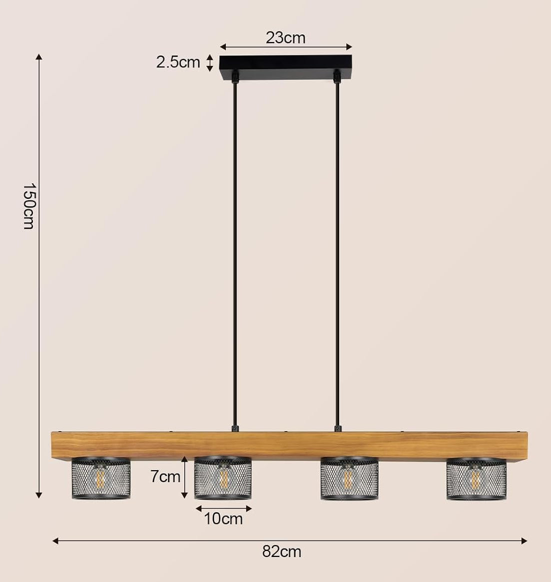 Luminya, suspension quatre lumières en bois brûlé et métal noir – détail du produit