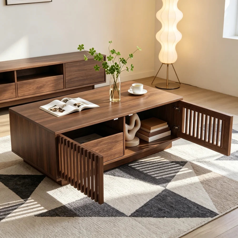 Noyera, table basse rectangulaire effet noyer avec rangement – détail du produit