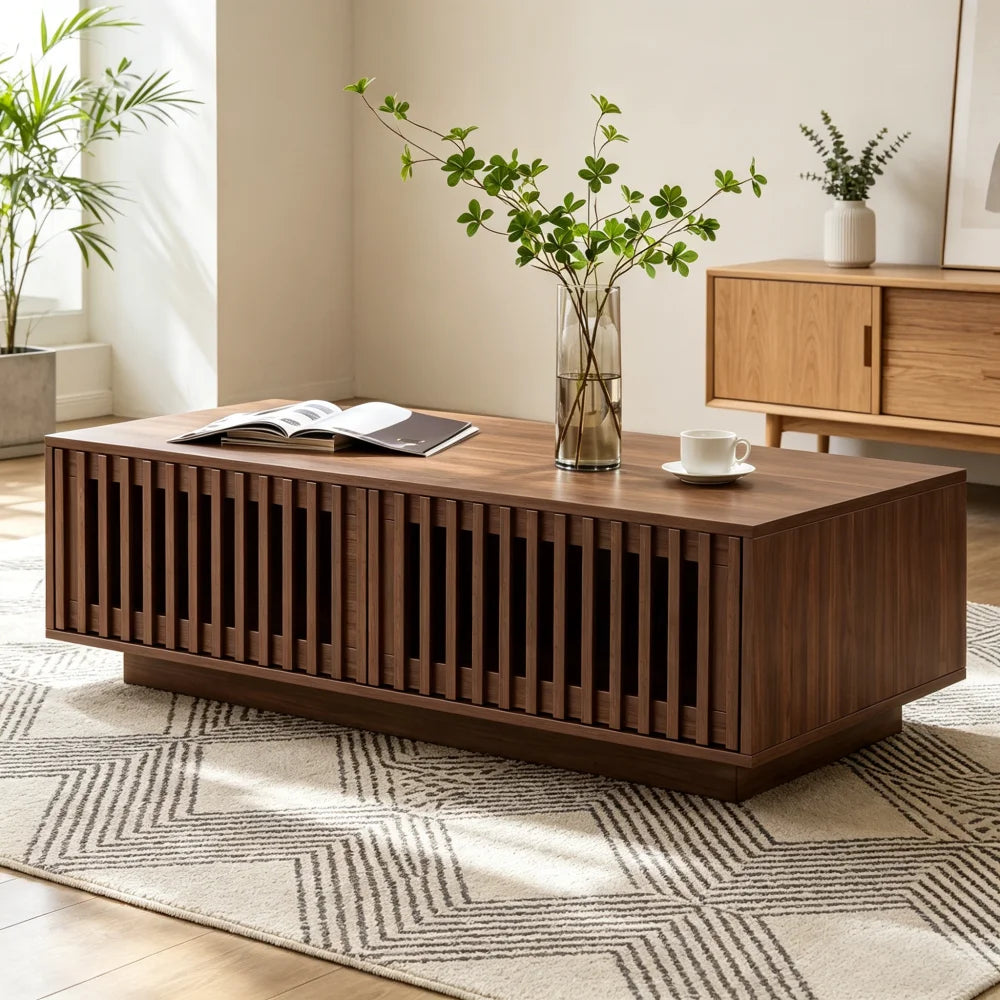 Noyera, table basse rectangulaire effet noyer avec rangement – détail de la matière et de la finition