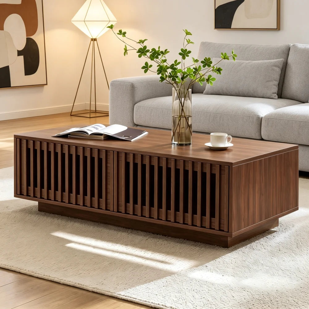 Noyera, table basse rectangulaire effet noyer avec rangement – vue des proportions du produit
