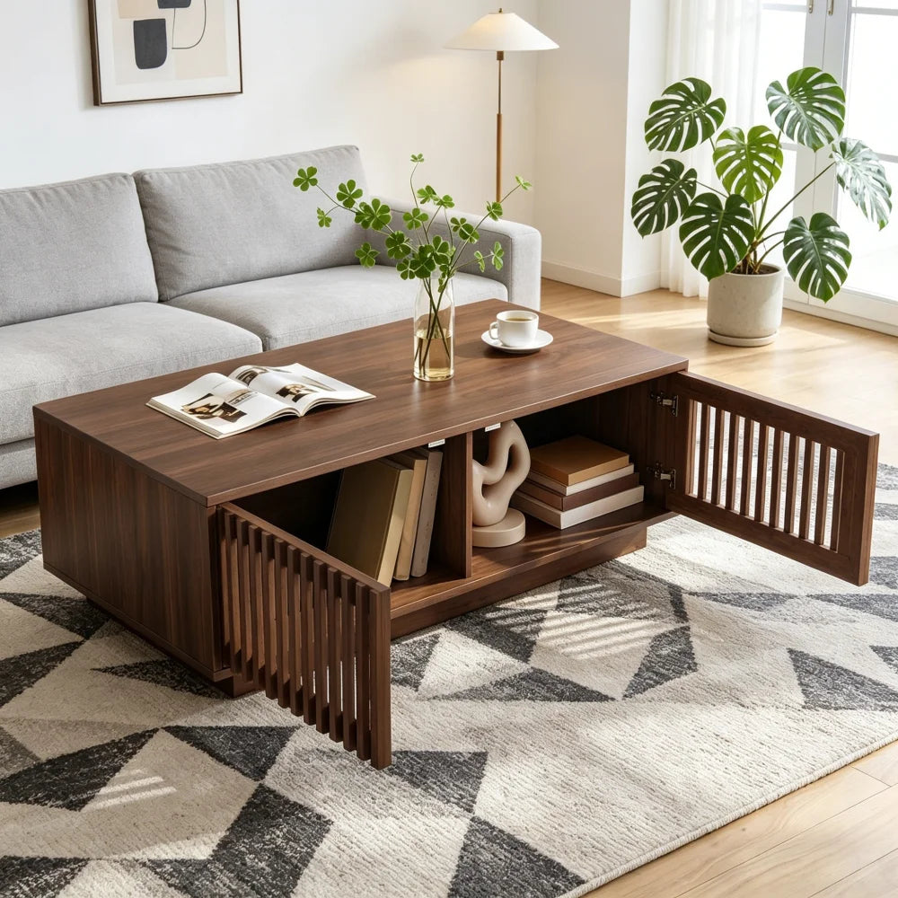 Noyera, table basse rectangulaire effet noyer avec rangement – exemple de variante disponible