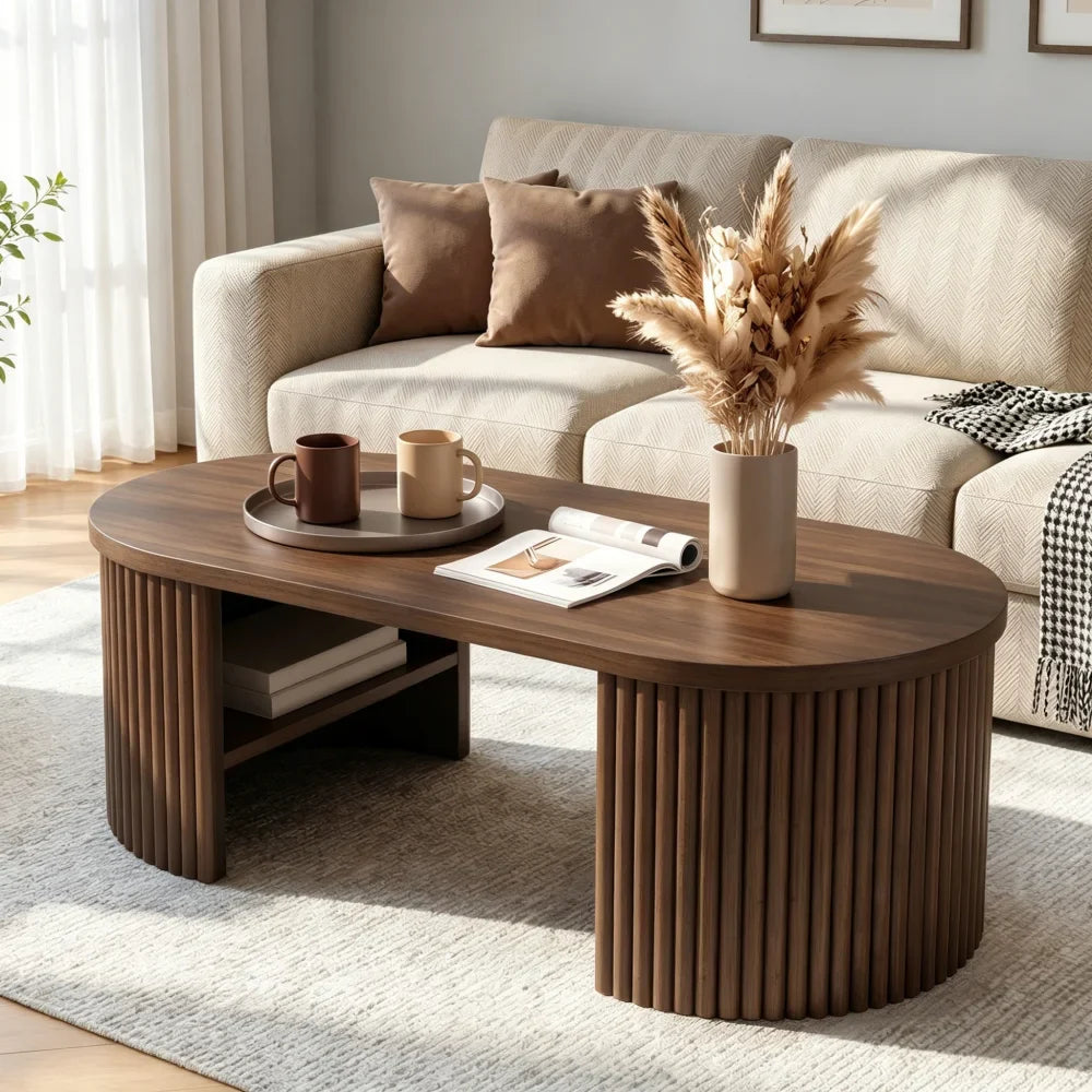 Ovalo, table basse ovale cannelée avec rangement – vue sous un autre angle