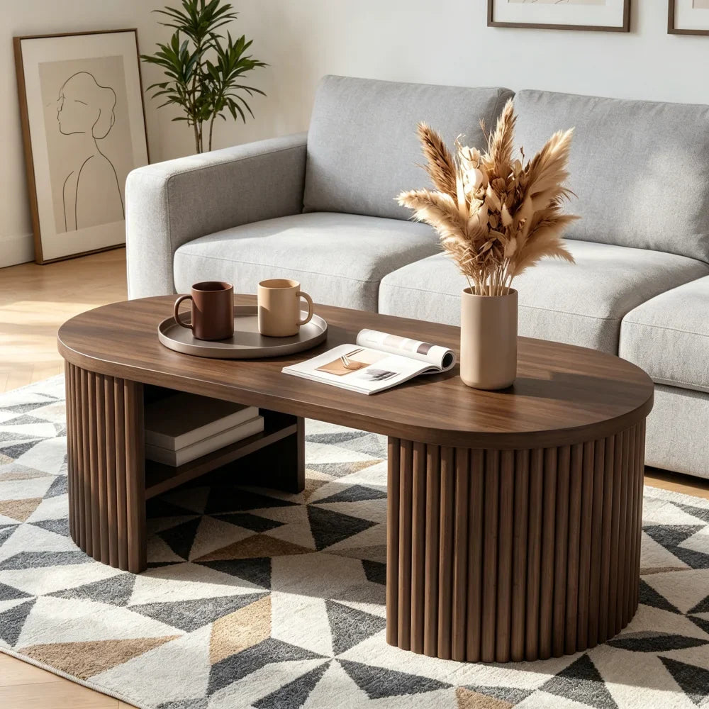 Ovalo, table basse ovale cannelée avec rangement – vue des proportions du produit