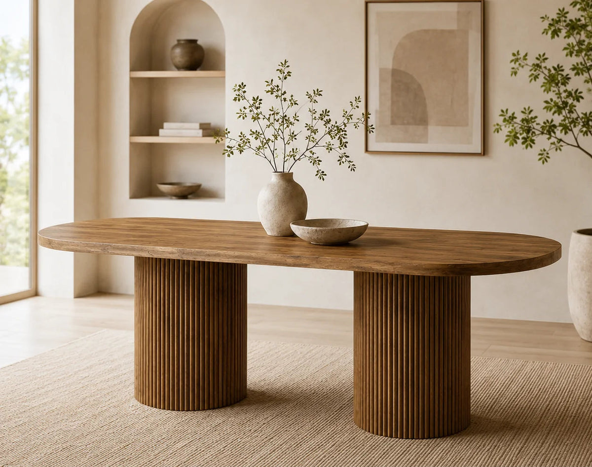 Nohvalo, table à manger ovale effet bois avec pied cannelé – présentation dans un intérieur