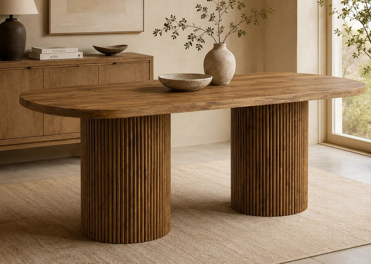Nohvalo, table à manger ovale effet bois avec pied cannelé – détail du produit